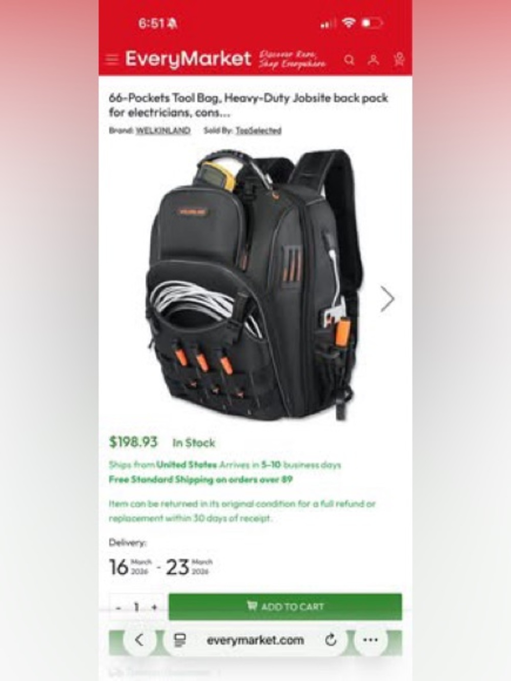 (New) WELKINLAND Ballistic 1680D TOOL BACKPACK / Professional Electricians bag - Picture 2 of 8